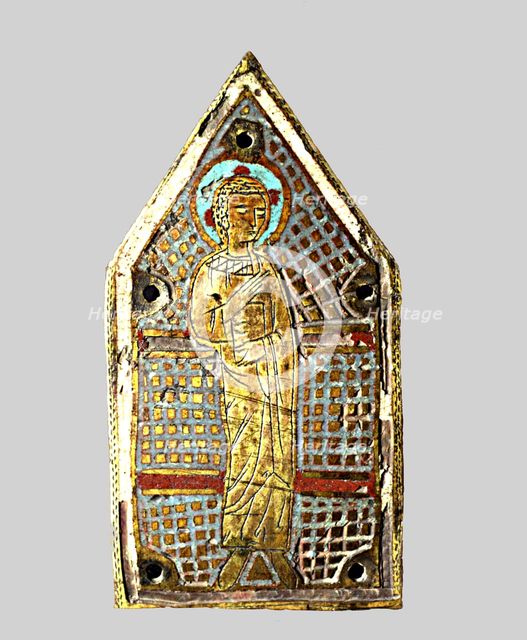 Plate with an image decorated with enamels.