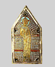 Plate with an image decorated with enamels