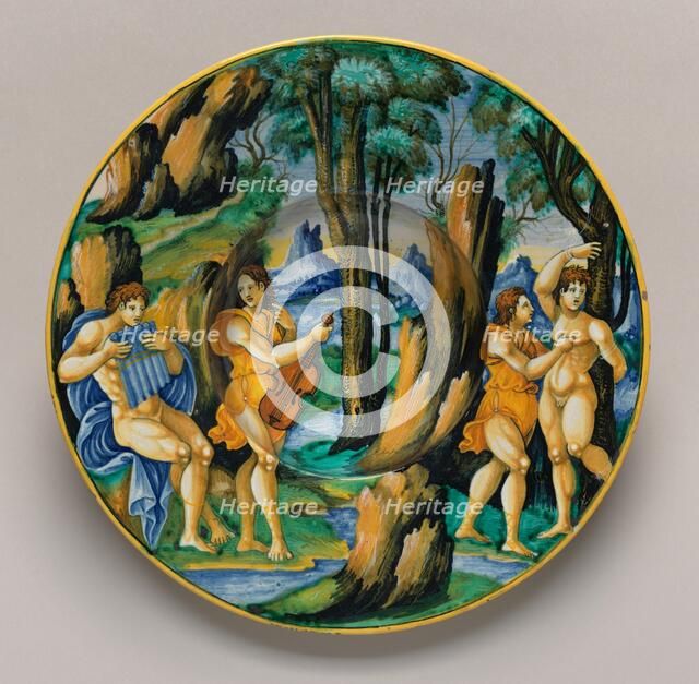 Plate with Apollo and Marsyas, c. 1525/1530. Creator: Unknown.