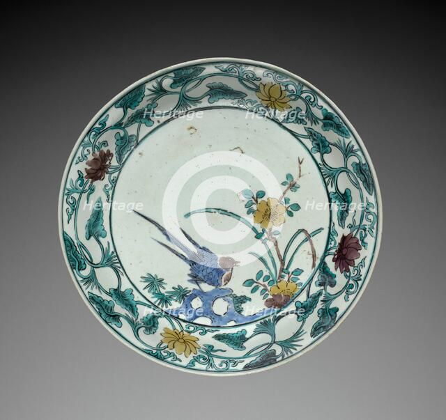 Plate with Bird and Flower: Kutani Ware, mid- to late 1600s. Creator: Unknown.
