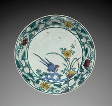 Plate with Bird and Flower: Kutani Ware, mid- to late 1600s. Creator: Unknown