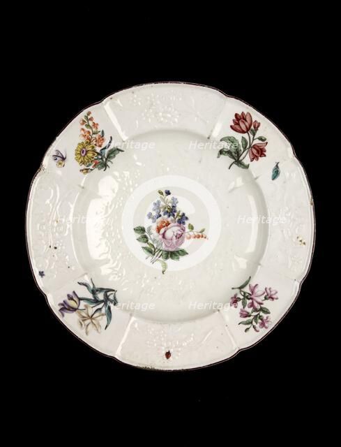 Plate, with flowers (rose centre), c1755. Artist: Unknown.