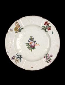 Plate, with flowers (rose centre), c1755