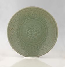 Plate with floral design and characters, 1368-1644. Creator: Unknown