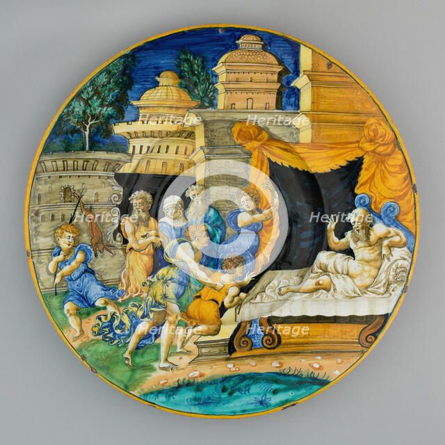 Plate with Isaac Blessing Jacob, Urbino, 1540/1545. Creator: Workshop of Guido di Merlino.