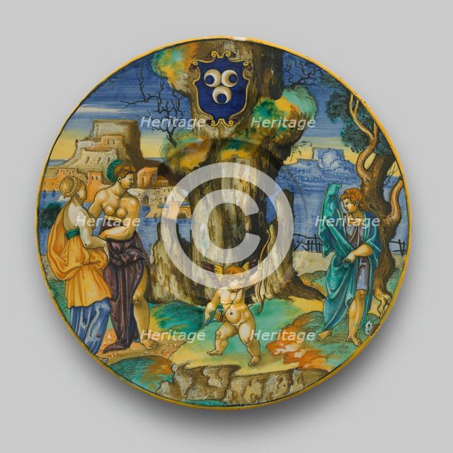 Plate with Narcissus, Echo, Cupid, Urbino, c. 1530. Creator:  Francesco Xanto Avelli.