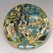 Plate with Pan and Apollo, c. 1535/1540. Creator: Unknown