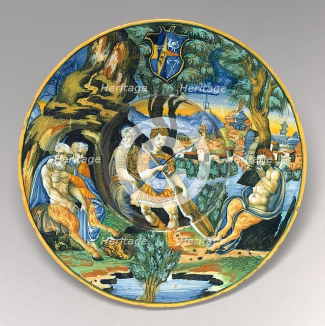 Plate with Pan and Apollo, c. 1535/1540. Creator: Unknown.