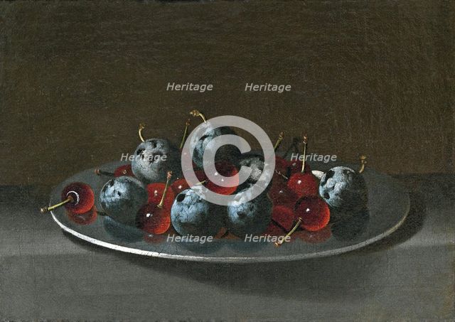 Plate with Plums and Morello Cherries, 1627. Creator: Juan van der Hamen y León.