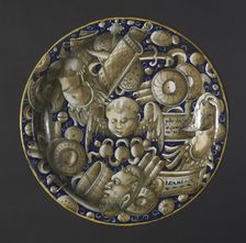 Plate with Putto, Mask, and Trophies, c. 1440-1460. Creator: Unknown
