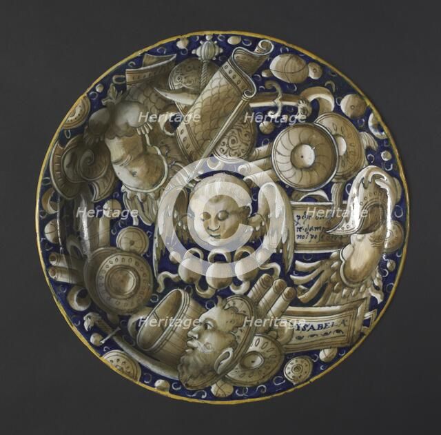 Plate with Putto, Mask, and Trophies, c. 1440-1460. Creator: Unknown.