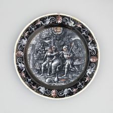 Plate with Scene of the Month of April, Limoges, 1500/1600. Creators: Workshop of Master I.C., Limoges Pottery and Porcelain Factories