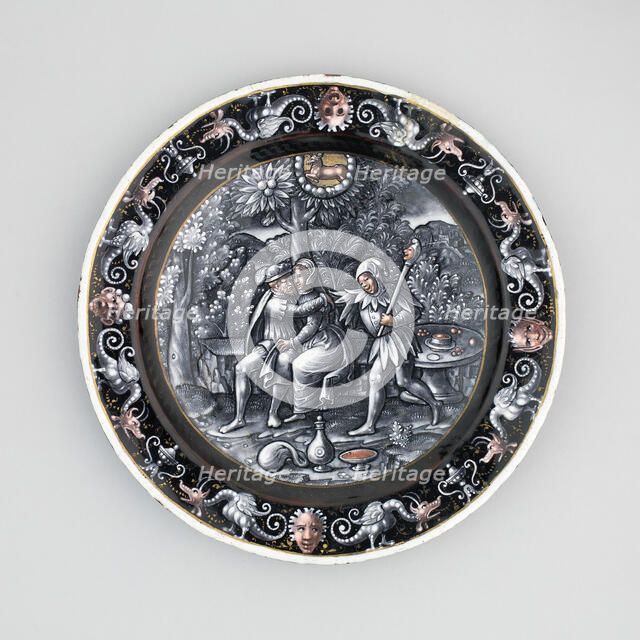 Plate with Scene of the Month of April, Limoges, 1500/1600. Creators: Workshop of Master I.C., Limoges Pottery and Porcelain Factories.