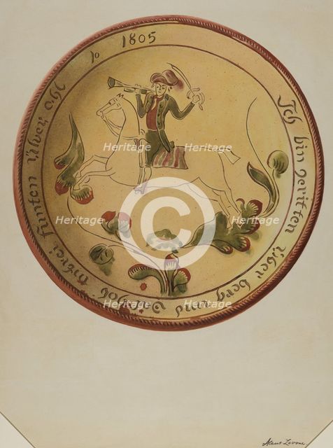 Plate with Soldier on Horseback, 1936. Creator: Albert J. Levone.