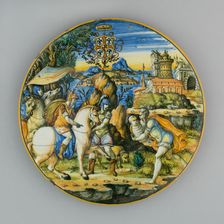 Plate with Story of Numa Pompilius and Arms of Gonzaga, Urbino, c. 1560. Creator: Fontana Workshops