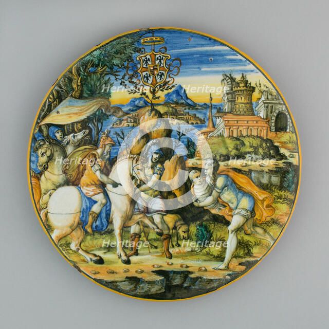 Plate with Story of Numa Pompilius and Arms of Gonzaga, Urbino, c. 1560. Creator: Fontana Workshops.