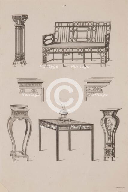 Plate XIV, Designs of Buildings, Furniture, Clothes, Machinery, and Implements of the Chinese, 1757. Creator: William Chambers.