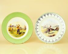 Plates featuring images of golfers, 1931-1932. Creator: Wedgwood