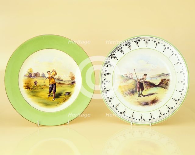 Plates featuring images of golfers, 1931-1932. Creator: Wedgwood.
