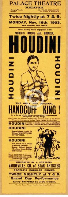 Playbill for appearance by Houdini at Palace Theatre, Halifax,pub. 1903 (lithograph)