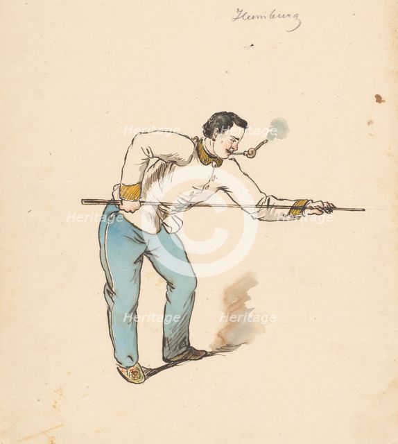 Playing billiards, 1850-1860. Creator: Friedrich Carl von Scheidlin.
