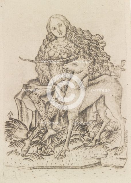 Playing Card, with Wild Woman and Unicorn, 15th century. Creator: Master ES.