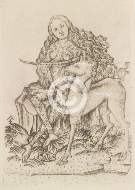 Playing Card, with Wild Woman and Unicorn, 15th century. Creator: Master ES.
