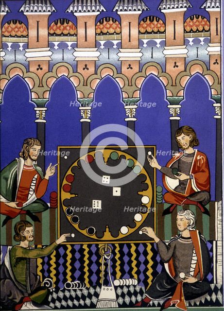 Playing dice. Miniature of the 'Book of Games', manuscript, 1283, by Alfonso X el Sabio.