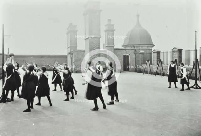 Playing netball, Myrdle Street Girls School, Stepney, London, 1908. Artist: Unknown.