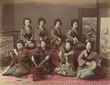Playing Samisen, Tsudzumi, Fuye and Taiko, 1870s-1890s. Creator: Kusakabe Kimbei