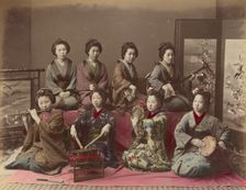 Playing Samisen, Tsudzumi, Fuye and Taiko, 1870s-1890s. Creator: Kusakabe Kimbei