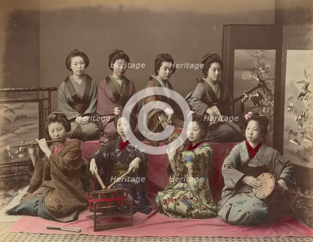 Playing Samisen, Tsudzumi, Fuye and Taiko, 1870s-1890s. Creator: Kusakabe Kimbei.