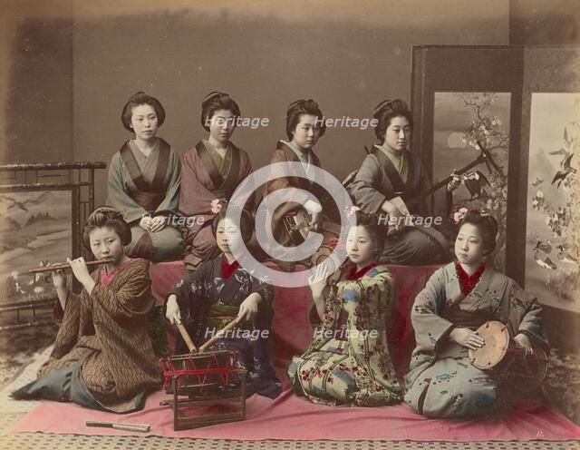Playing Samisen, Tsudzumi, Fuye and Taiko, 1870s-1890s. Creator: Kusakabe Kimbei.