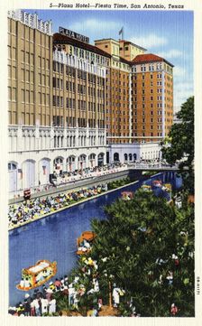Plaza Hotel at fiesta time, San Antonio, Texas, USA, 1940