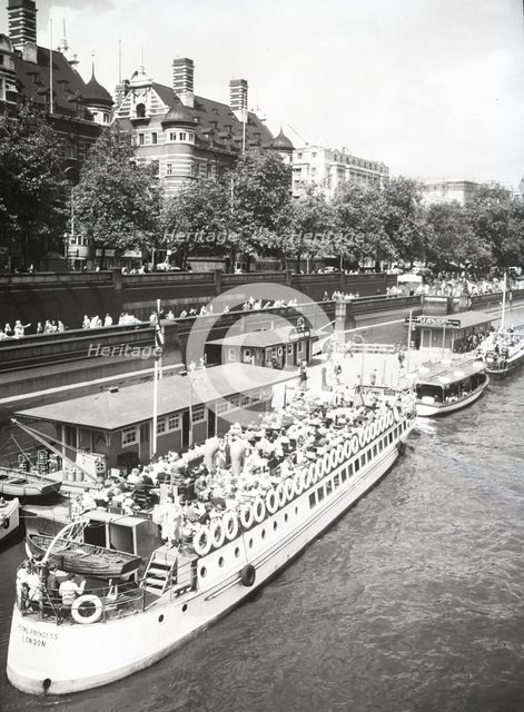 Pleasure boats, Westminster Pier, Embankment, London, c1955.  Creator: Arthur Charles Kirby Ware.