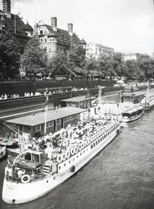 Pleasure boats, Westminster Pier, Embankment, London, c1955. Creator: Arthur Charles Kirby Ware