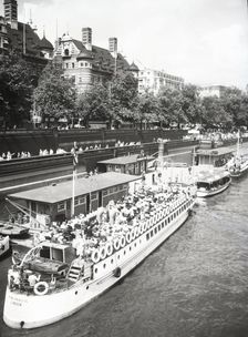 Pleasure boats, Westminster Pier, Embankment, London, c1955. Creator: Arthur Charles Kirby Ware