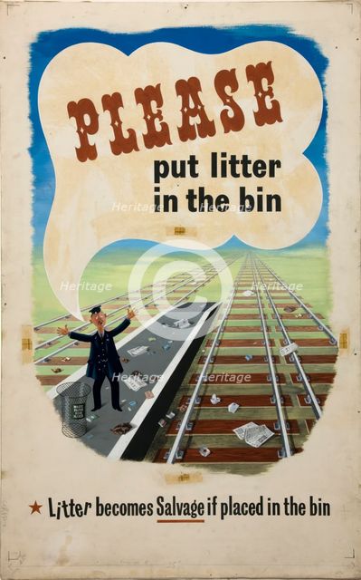 'Please put litter in the bin. Litter becomes salvage if...', WWII poster, between 1939 and 1946. Creators: Central Office of Information, Unknown.