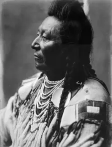 Plenty Coups, Crow Indian, head-and-shoulders portrait, facing left, pompadour, temple..., c1908. Creator: Edward Sheriff Curtis