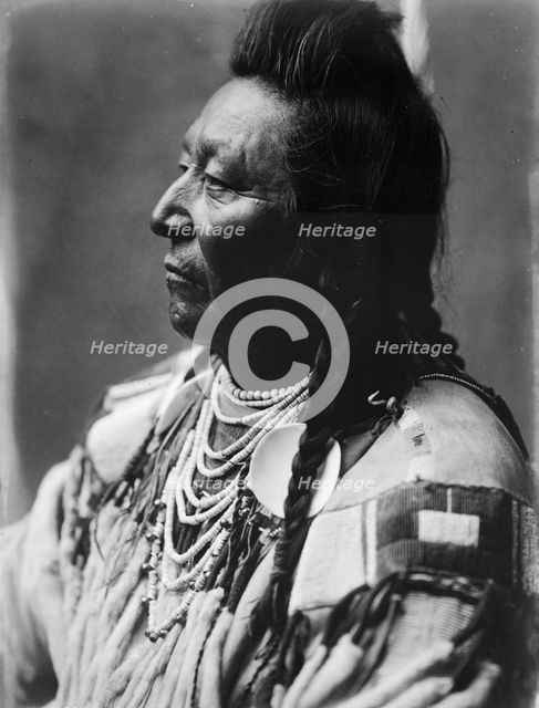 Plenty Coups, Crow Indian, head-and-shoulders portrait, facing left, pompadour, temple..., c1908. Creator: Edward Sheriff Curtis.