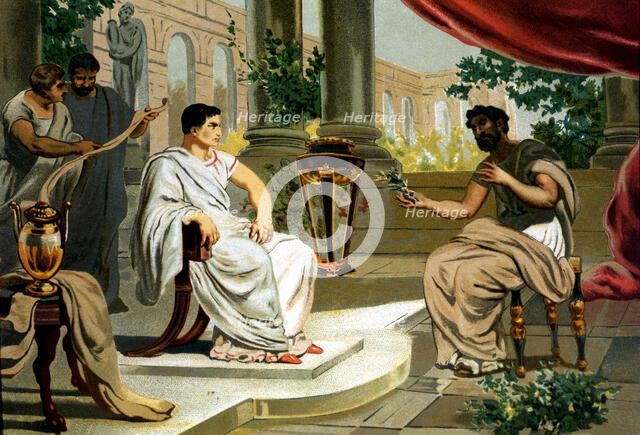 Pliny 'the Old'. (23-79), Latin erudite and writer, in audience with the emperor Vespasian (9-79)…