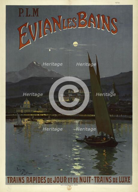 P.L.M. Evian les Bains. Trains rapides de jour et de nuit. Trains de luxe, 1908. Creator: Tauzin, Louis (1842-1915).