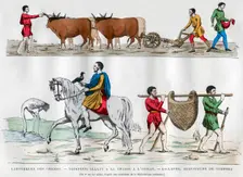 Ploughing, a lord hunting with a bird, a slave, and two servants, 5th-7th century (1882-1884)