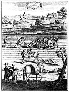 Ploughing and harrowing with horses and sowing seed broadcast, 1762
