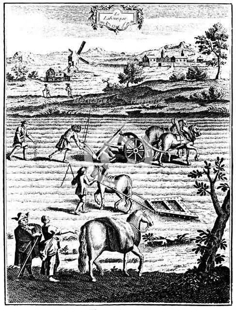 Ploughing and harrowing with horses and sowing seed broadcast, 1762. Artist: Unknown