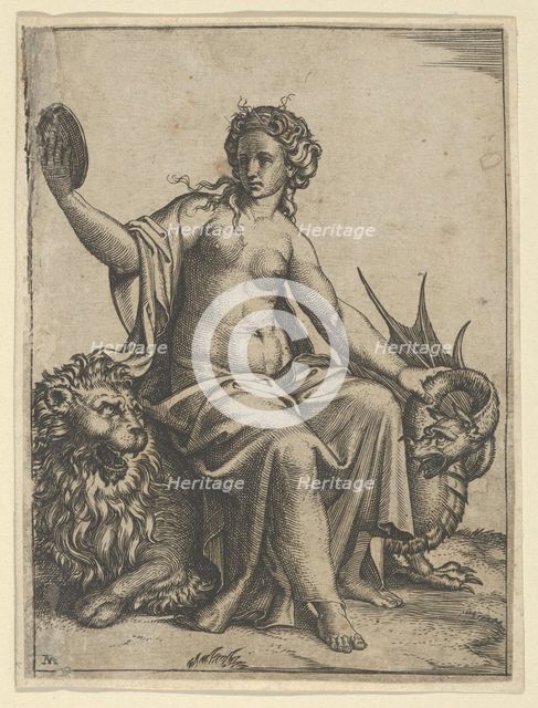 Prudence as a young woman, sitting on a lion and holding the neck of a dragon with ..., ca. 1510-27. Creator: Marcantonio Raimondi.
