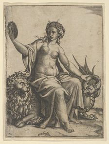 Prudence as a young woman, sitting on a lion and holding the neck of a dragon with ..., ca. 1510-27. Creator: Marcantonio Raimondi