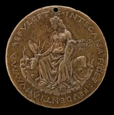 Prudence Seated on Two Hounds Holding Manfredi Shield [reverse], c. 1463. Creator: Sperandio Savelli