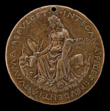 Prudence Seated on Two Hounds Holding Manfredi Shield [reverse], c. 1463. Creator: Sperandio Savelli