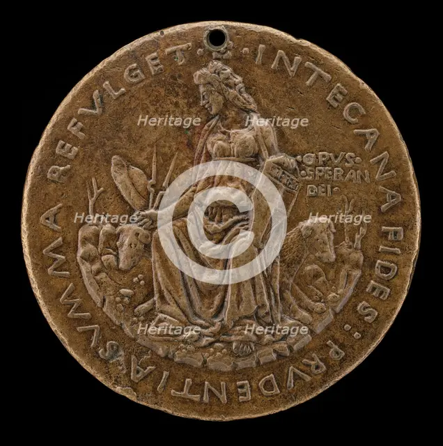 Prudence Seated on Two Hounds Holding Manfredi Shield [reverse], c. 1463. Creator: Sperandio Savelli.